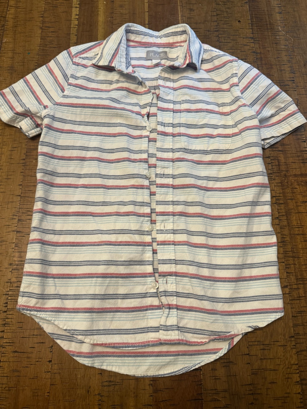 Place Large Short Sleeve Stripe Button-Up Shirt in White, Blue & Red